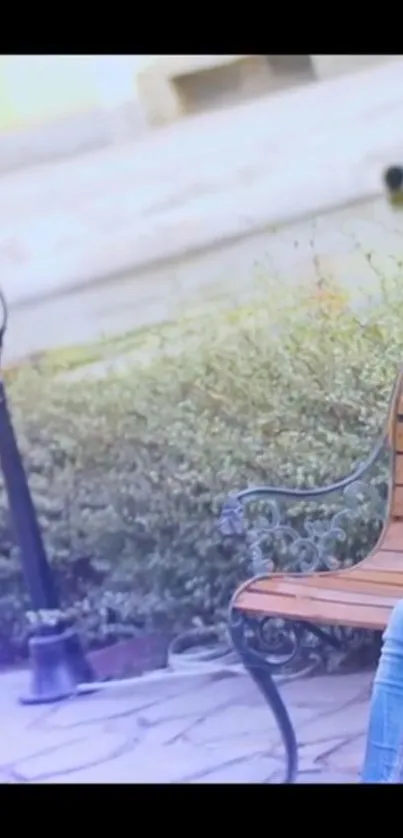 Serene park bench scene with greenery and lamp.