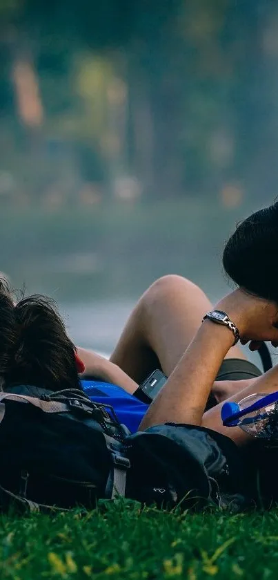 People relaxing in a park with a map, enjoying nature.