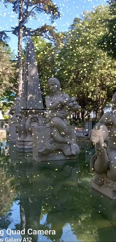 Peaceful park statues reflected in a tranquil pond.