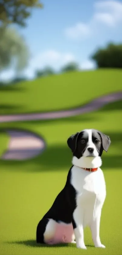 A black and white dog sitting on grass in a serene park under blue skies.