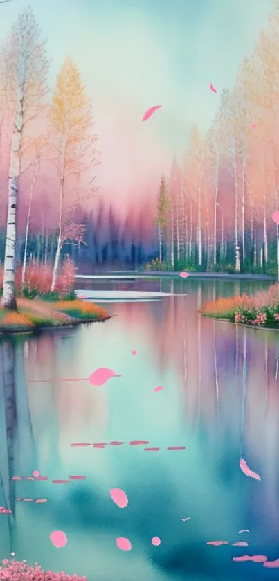 Serene pastel lake view with pink trees.