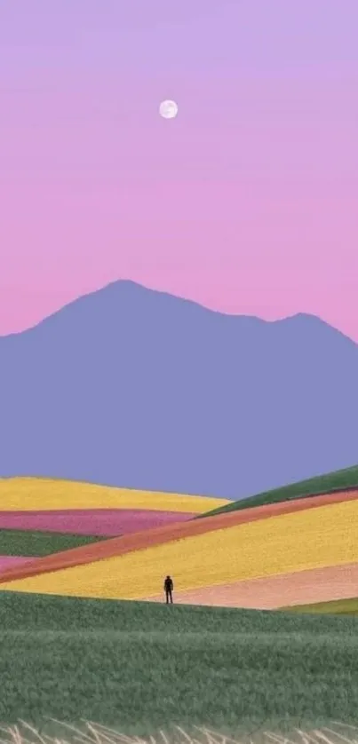 Pastel landscape with a mountain and lone figure under a lavender sky.