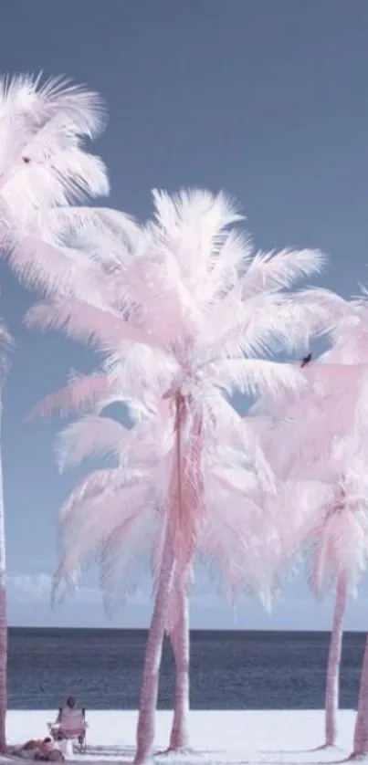 Pastel pink palm trees on tranquil beach.