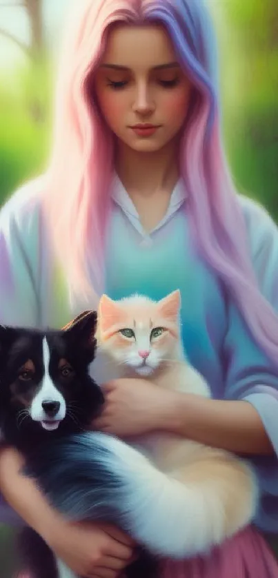 Pastel girl with dog and cat in forest.