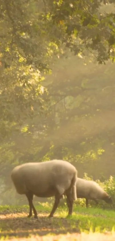 Sheep grazing in a sunlit meadow under leafy trees.