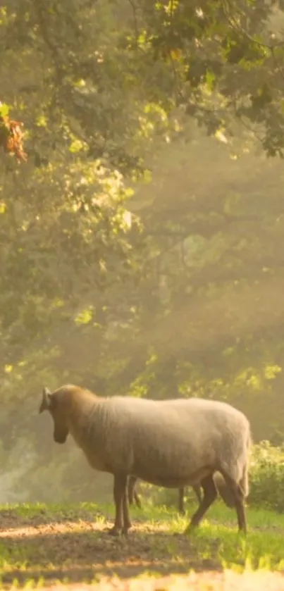 A lone sheep stands in a sunlit forest clearing, epitomizing tranquility.