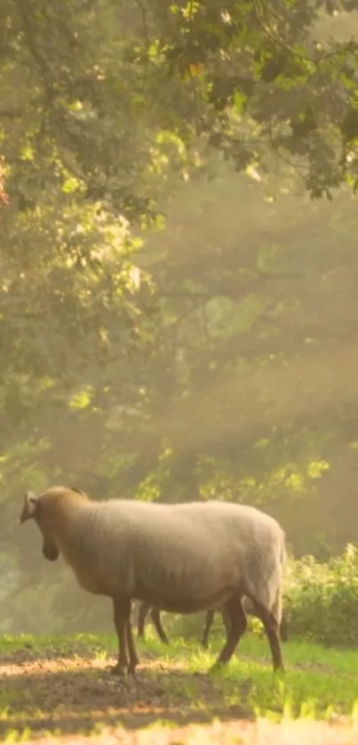 Mobile wallpaper of a sheep in a sunlit forest scene.