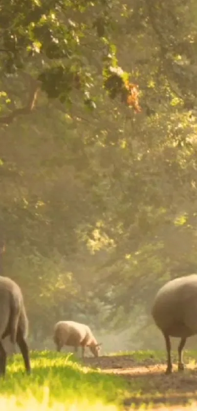 Sheep grazing in a lush forest with sunlight filtering through trees.