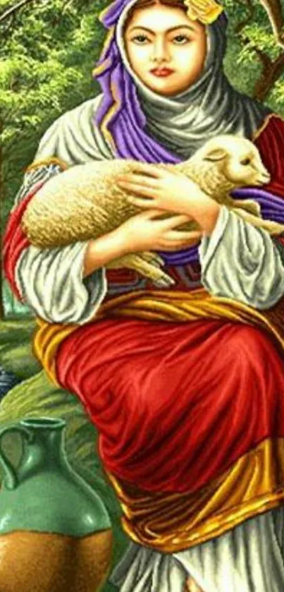 Elegant woman with lamb in nature scene.