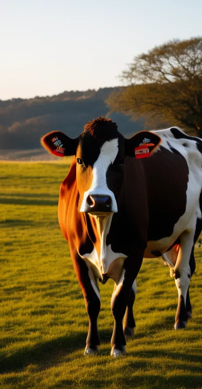 Cow standing on green pasture at sunset with hills and tree.