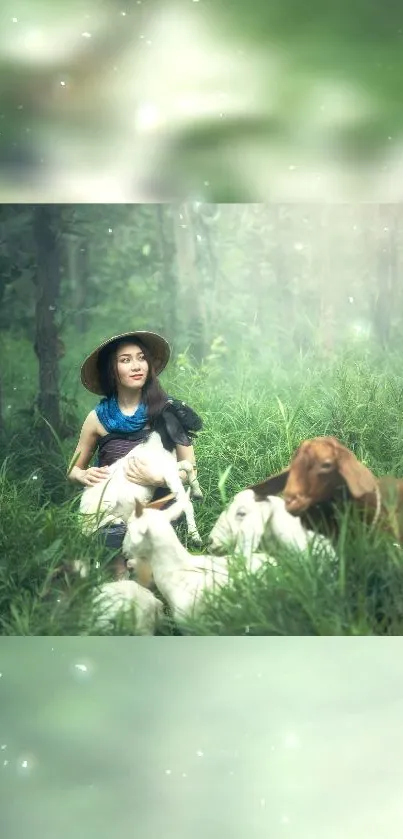 Woman sits in green field with goats, serene and peaceful atmosphere.