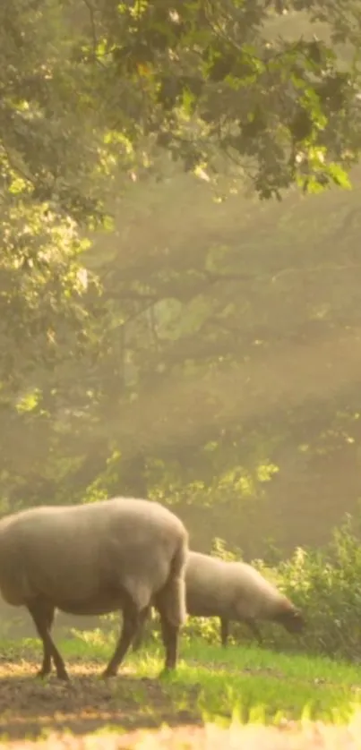 Peaceful sheep grazing in a sunlit meadow.