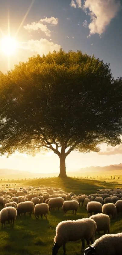 Lone tree and sheep under sunset in serene pasture.