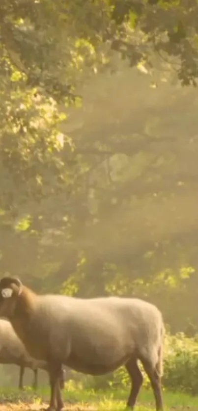 Sheep grazing in a sunlit, serene pasture amidst lush trees.