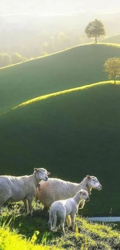 Sheep grazing on vibrant green hills in soft morning light.