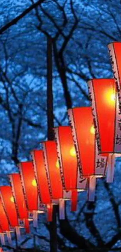 A pathway of glowing red lanterns at night with dark blue trees overhead.