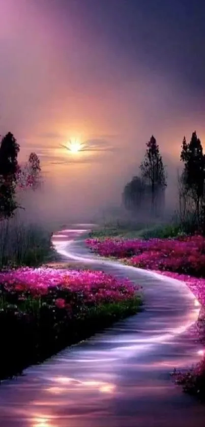 Serene path at sunset with mist and pink flowers, creating a magical atmosphere.