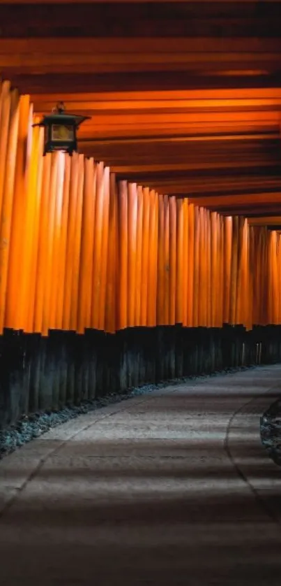 Serene pathway through vibrant orange Torii gates in cultural landscape.