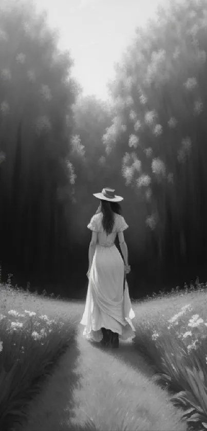 Elegant woman walks through a lush black and white garden path.