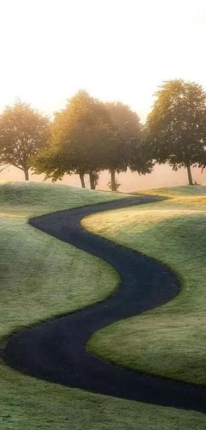 Serene pathway through lush green hills with a row of trees.