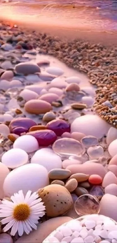 Beach with colorful pebbles at sunset