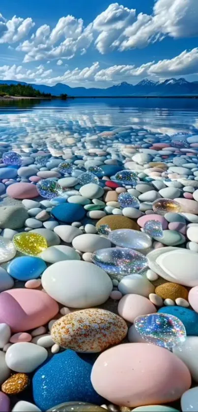 Pebble beach with clear water and sky