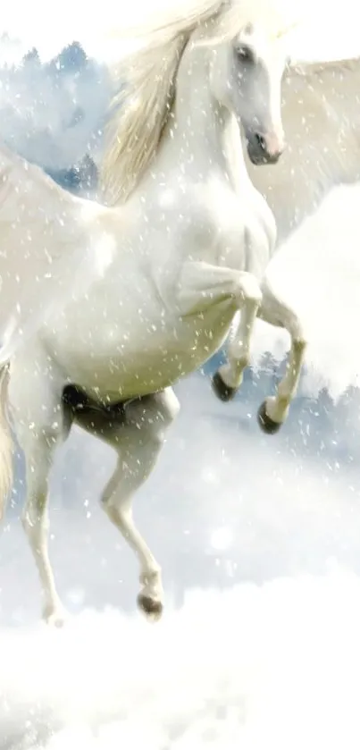 White Pegasus soaring through clouds in an ethereal fantasy scene.