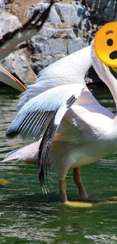 Pelicans standing in a calm water scene with natural rock background.