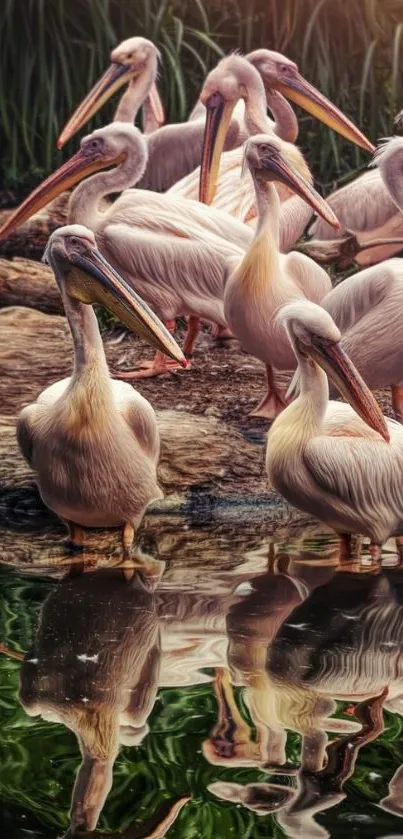 Group of pelicans reflected in calm water.