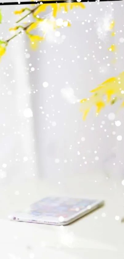Mobile wallpaper with yellow blossoms and serene white bokeh.