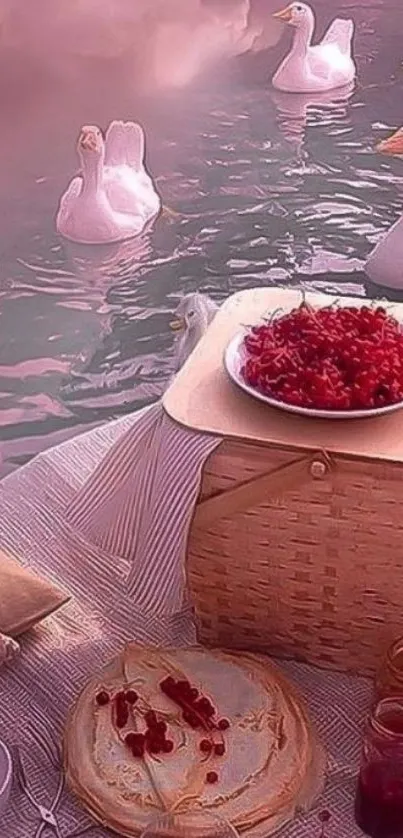 Picnic setup by a lake with swans in a soft pink atmosphere.