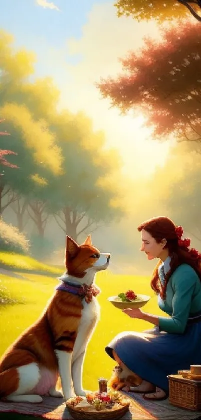 Woman and dog enjoying a serene picnic in a sunlit, vibrant natural setting.