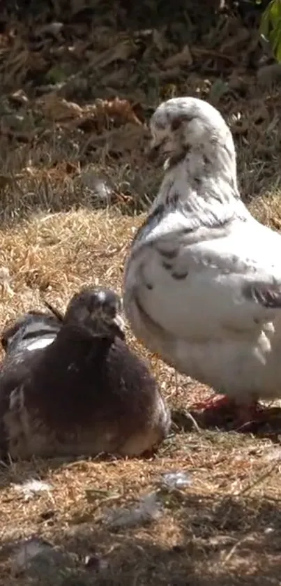 Two pigeons relax on golden autumn ground in nature.