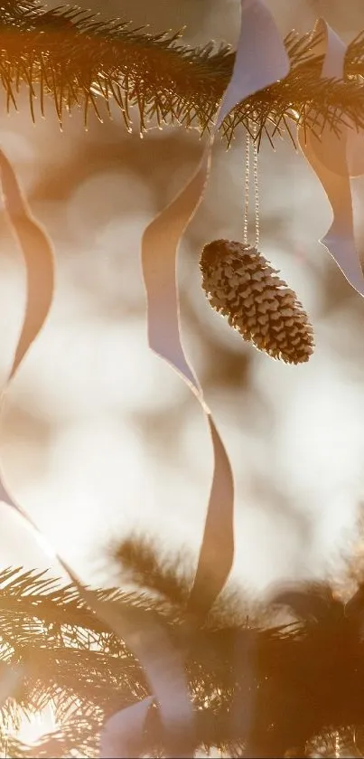 A pine cone hangs gracefully on a branch with soft light in the background.