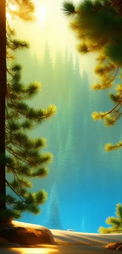 Sunrise over pine forest with golden light creating a serene atmosphere.