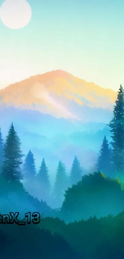 Mobile wallpaper of a serene misty forest with blue hues and a distant mountain.