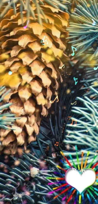 A serene wallpaper featuring pine tree branches with lush needles and a hidden pinecone.