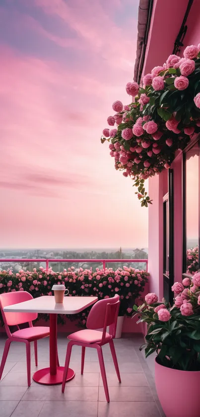 Serene pink balcony with roses in bloom and pink sunset sky.