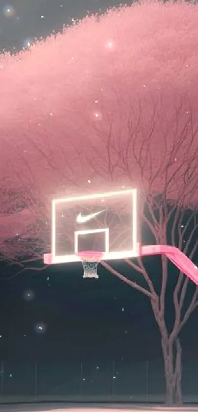 A pink basketball court under a glowing tree at night.