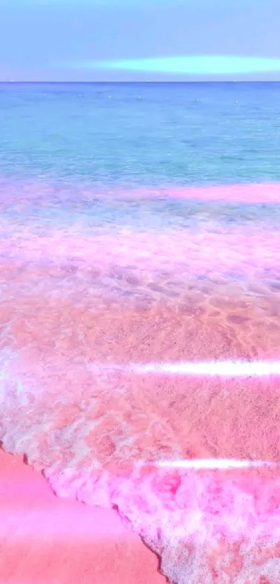 Pink beach and ocean waves on a sunny day.