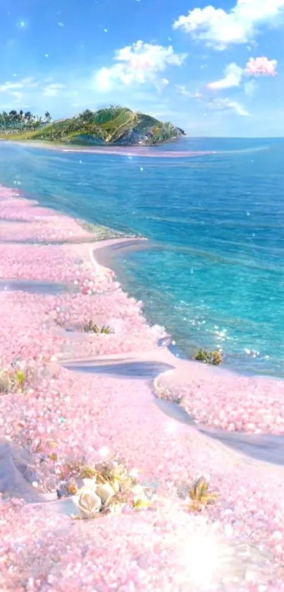 Serene pink beach with clear blue waters and island view.