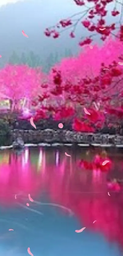 Serene lake surrounded by vibrant pink blossoms.