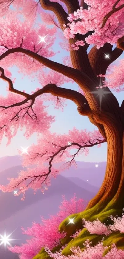 Serene pink cherry blossom tree with mountain backdrop.