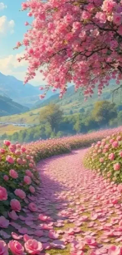 Serene path with pink blossoms in nature scenery