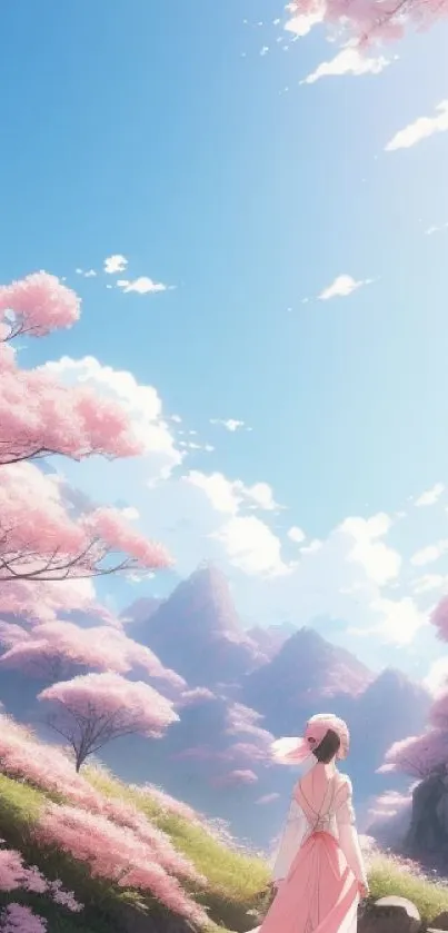 Mobile wallpaper of a pink blossom pathway under a clear blue sky with a distant figure.