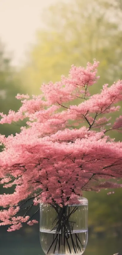 Pink blossoms in a glass vase on rocks, serene nature backdrop.