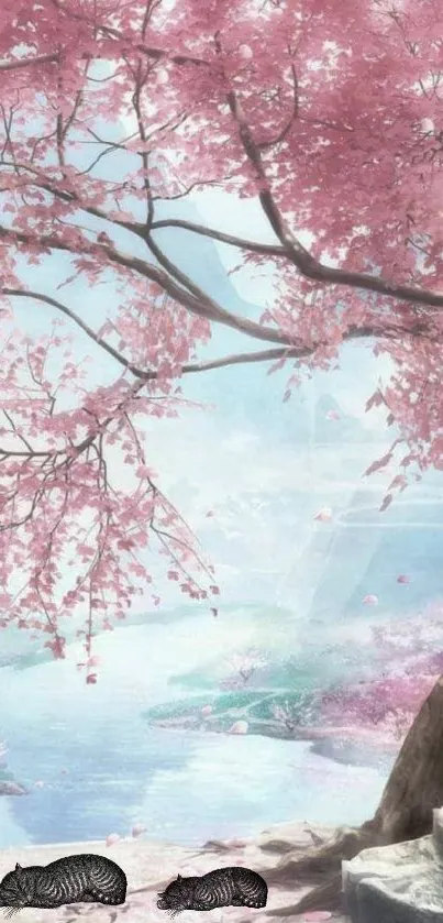 Serene scene with pink blossoms and a tranquil landscape.