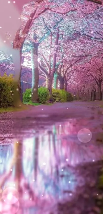 Path with pink cherry blossoms reflecting in water.