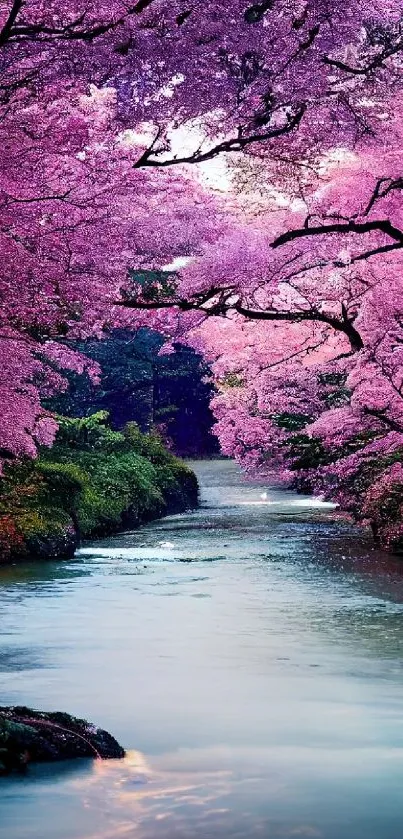 Enchanting pink cherry blossoms over a serene stream.