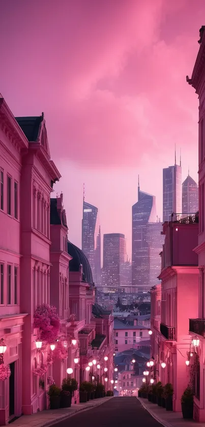 Pink cityscape at dusk with majestic skyscrapers under a serene sky.